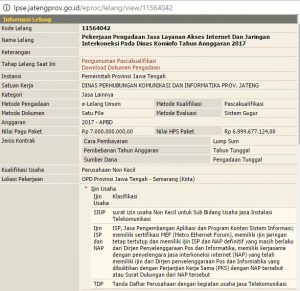 Informasi lelang pengadaan koneksi internet di Dinas Kominfo Jawa Tengah tahun 2017